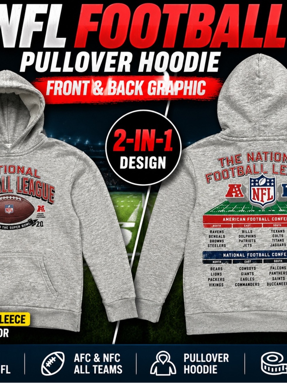 NFL Grey Pullover Hoodie with Red, Black and White Graphics